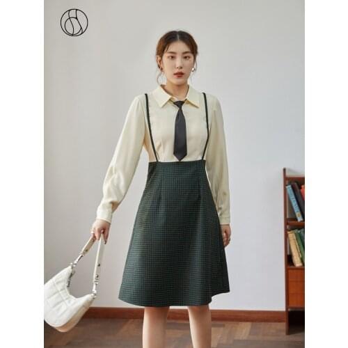DUSHU Dresses For Women Temperament Age-reducing Fake Two Dress Commuter Straps Thin Knee-length A-line Skirts Patchwork Design