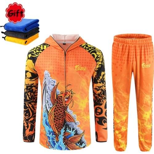 Long Sleeve Shirt& Pant with Towel Fishing Clothing Set Sun UV Protection Outdoor Fishing Hoodie Shirt for Hiking, Fishing