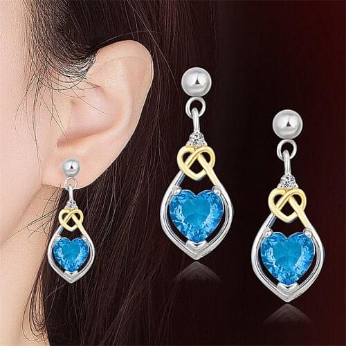 Top Grade Silver Plated Earrings For Women Jewelry Classic Crystal Blue Red Heart Earring Girls Drop Long Gold Accessories
