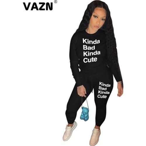 VAZN Sport Running Lady Women O-neck Letter Shinny Ladies 2020 Set Long Sleeve Full Pant 2 Piece Sets Night Club Sets