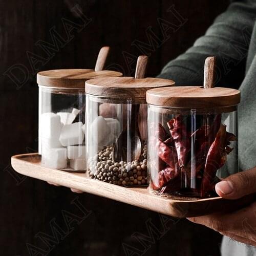 Glass Seasoning Jar Wooden Pallet Salt Shaker Sugar Bowl Condiment Seasoning Box Kitchen Supplies Organizer Combination Packages