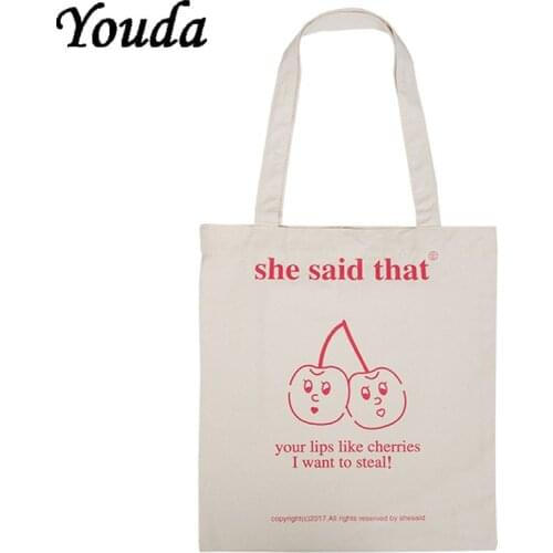 Youda Literary Ladies Handbags Girl Cherry Canvas Tote Bag Shopping Travel Women Eco Reusable Shoulder Shopper Bags High Capacit