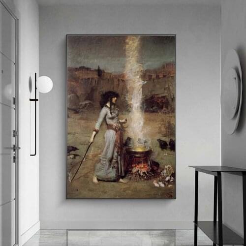 Woman Portrait Canvas Painting Magic Circle By John William Waterhouse Posters Prints Scandinavian Wall Picture for Living Room