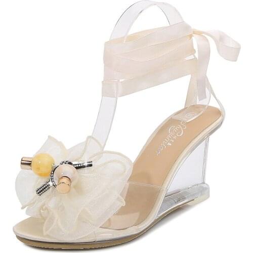 Lace Up Two-wear Women Sweet Open Toe Party High Heels Lady Flower Simple Sandals Summer Transparent Crystal Wedge Heel Pumps