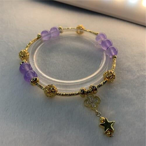 Bohemia Noble Violet Jades Natural Stone Round Bead Bracelet 8mm Pendant Lady Chain Yoga Women Jewelry Zinc Alloy 7.5inch Y913