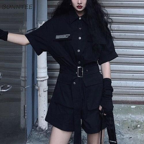 Playsuits Women Safari Style Cool High Street Short Sleeve Single Breasted Cargo Unisex Harajuku Oversized Female Trendy Leisure