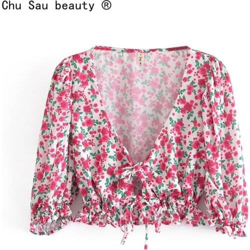 2021 Summer Print Sexy Deep V-Neck Low-Cut Lace-Up Ruffled Puff Sleeve Slim-Fit Short Floral Color Top Women Vintage