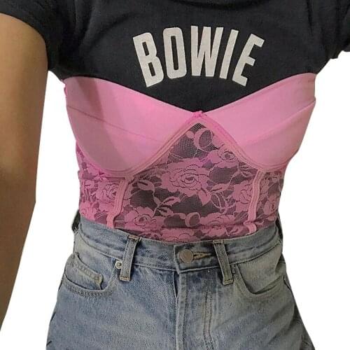 Women’s Solid Color Bustier Tops, Strapless Low Neck Lace Mesh Flower Slimming Vest Clothes