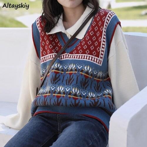 Sweaters Vest Women V-neck Japanese Style Loose Panelled Geometric Autumn Vintage Trendy Popular Jacquard Female Knitting Chic