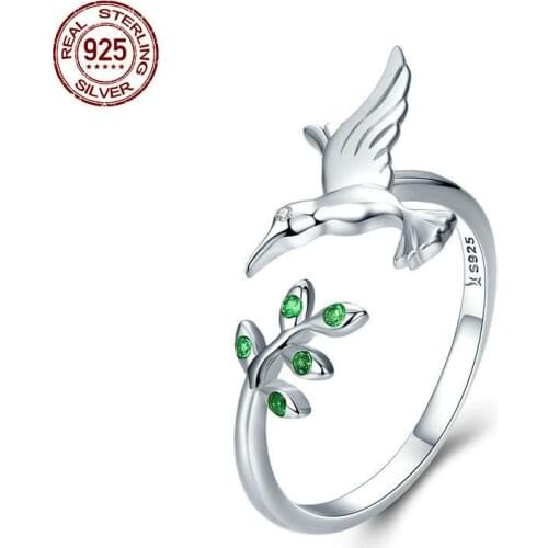 2021 New Fashion Cute Bird Adjustable Ring Silver 925 High Quality Green Zircon Sterling Silver Rings Fine Jewelry For Women