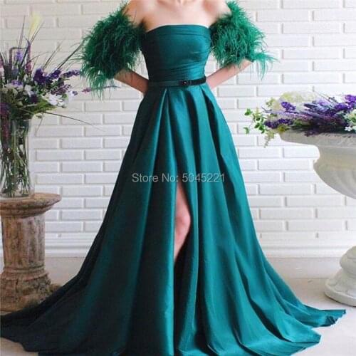 Prom Dresses Middle East Women Party Dress 2020 Dubai Illusion Feathers Split Side Robe De Soiree Turkish Evening Dress Kaftans