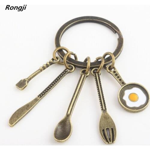 Rongji jewelry Creative Kitchen Tools Chef Souvenir Gift Keychain Bronze Soup Spoon Knife Fork Pan Egg dad mom gift