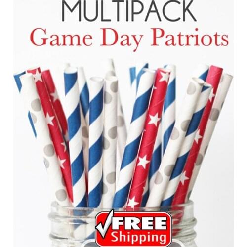 150pcs Mixed 3 Designs Game Day Patriots Themed Paper Straws -4th of July,Labor Day Party,Red,Silver,Navy,Stripe,Star,Polka Dot