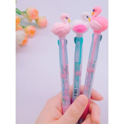 2pcs/lot Cartoon Animal Kawaii Flamingo Ballpoint Pen Canetas Criativa 3 Color Ballpoint Pen for Office School Gift Stationery