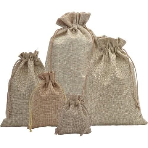 50pcs Chrismas Natural Color Jute Drawstring Bag 7x9/9x12/10x14/13x18/17x23/20x30cm Jewelry Wedding Gift Packaging Bag