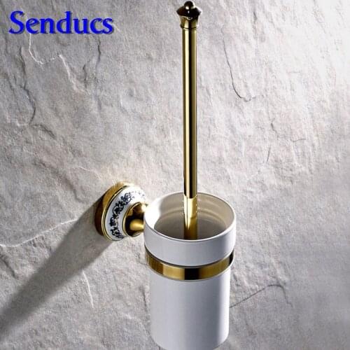 Free shipping luxury European style toilet brush holder with inwall mouted gold ceramic toilet brush holder