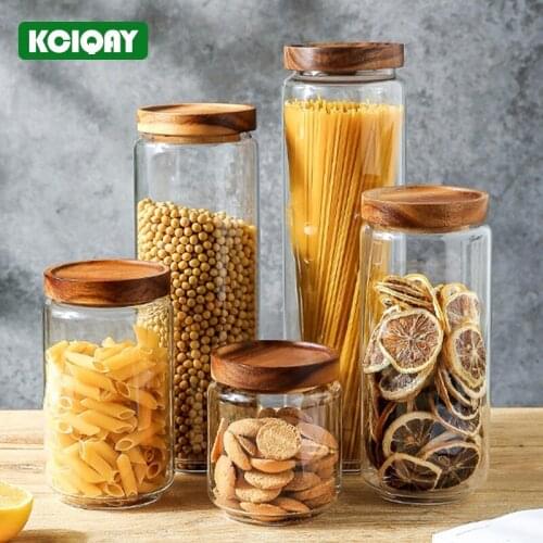 Wood Lid Glass Food Storage Containers Airtight Canister Kitchen Sealed Glass Bottle Candy Cookie Tea Coffee Sugar Storage Jars