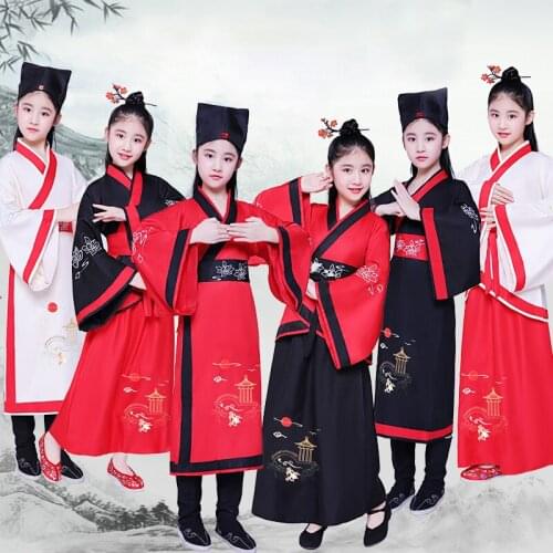Children Chinese Traditional Folk Dance Costumes Girls Boys Performance Ancient Embroidery Hanfu Kids New Year Clothing