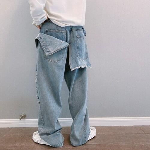 Mens Light Blue Denim Straight Loose Jeans Pants Holes Stylish Style Patchwork Fake Double Layer Trousers
