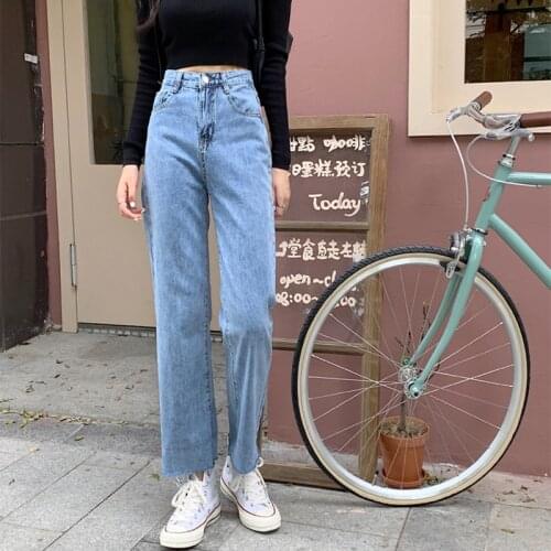 Hzirip Design Sense Button Fly Straight Jeans Solid Full Length High-Waist Denim Trousers Fashion Korean Casual Loose Women