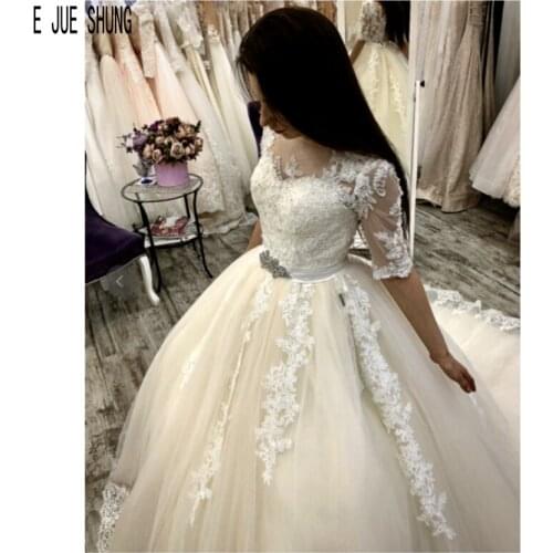 E JUE SHUNG Elegant Ivory Ball Gown Wedding Dresses Scoop Neck Half Sleeves Appliques Button Back Crystal Sashes Bride Dresses