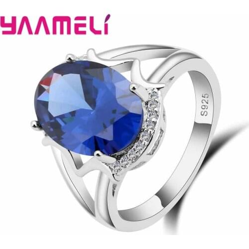 Elegant Oval Blue Stone Crystal Ring 925 Sterling Silver Cubic Zircon Jewelry for Women Gift Wedding Party Accessories