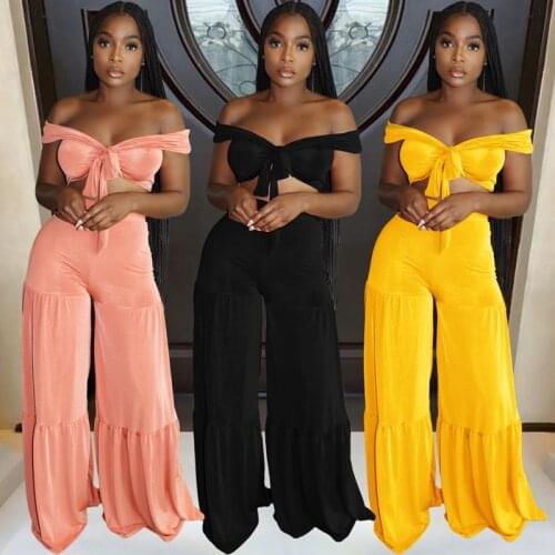 Hirigin Sexy 2 Piece Summer Clothes Off Shoulder Tube Tank Crop Tops Wide Leg Pants Women Outfits Velvet Club Matching Sets