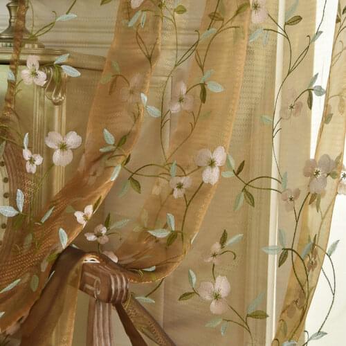 Classical Elegant Coffee Floral Embroidered Magnolia Modern Curtains Drape Panel Sheer Tulle For Living Room Bedroom Kitchen
