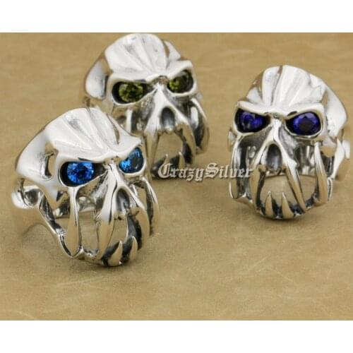CZ Eyes 925 Sterling Silver Tiger Tooth Devil Alien Skull Ring Mens Biker Rocker Punk Ring 8VX04 US Size 8 to 15