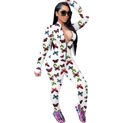 2020 Fashion Sexy Butterfly Printed Long Sleeve Bodycon Jumpsuit Rompers Women Fall Winter Front Zipper Club Streetwear Outfits
