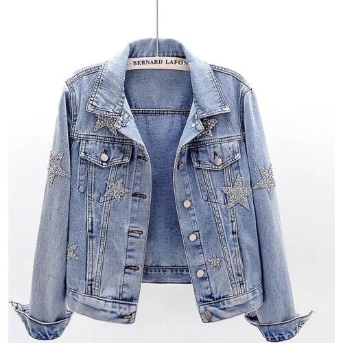 Spring New Korean Fashion Star Rhinestone Denim Jacket Women Outerwear Chaqueta Mujer Slim Short Bomber Jeans Jacket Coat Female