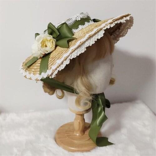 Lolita Lace Bandge Bow Straw Flat Hat Summer Cosplay Girl Tea Party Sunhat Beach Cap D765