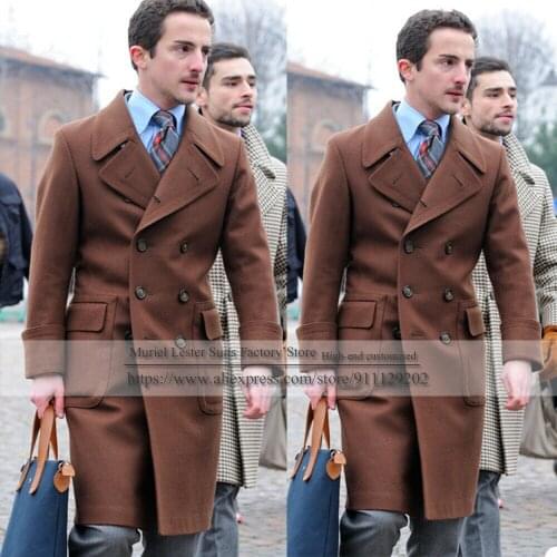 Male Clothings Tweed Woolen Blend Double-Breasted Brown Slim Fit Overcoat Long Jacket Trench Tailored Coat Formal Winter Blazer