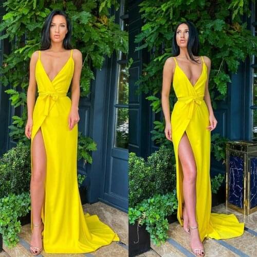 Simple Yellow Evening Dresses Sexy V Neck Prom Gowns High Split Custom Made Formal Runway Fashion Dress Cheap