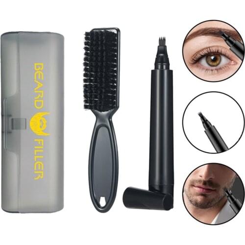 Portable Beard Filling Pen Kit Hair Moustache Filler Pencil Styling Tools Four Prong Beard Enhancer Brush Moustache Coloring Pen
