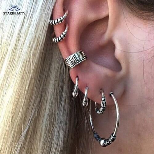 7Pcs/Lot Boho Tibetan Silver Top Ear Tragus Piercings Hoop Helix Cartilage Tragus Daith Earring Studs Piercing Silver Jewelry