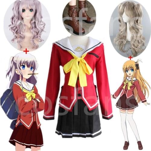 Anime Charlotte Tomori Nao / Yusa Nishimori School Uniform Cosplay Costumes Full Set Sailor Suit ( Top + Skirt + Bow Tie ) +wigs