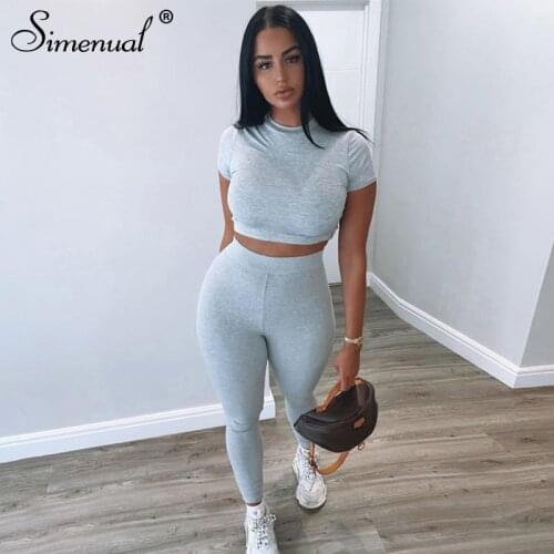 Simenual Solid Casual Sporty Two Piece Lounge Sets Women Short Sleeve Tee And Leggings Matching Set Workout Active Wear Fashion