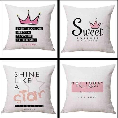 Modern Fashion Pink Crown Diamond Sweet Quote Seat Cushion Cover Nordic Pillowcase Girl Room Sofa Decorative Linen Cushion Cover