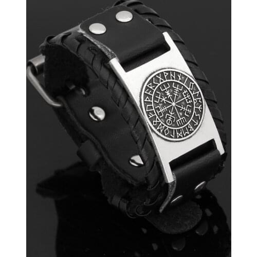 Nodic viking Vegvisir Compass leather amulet odin symbol bracelet -adjustable size 19-25 cm