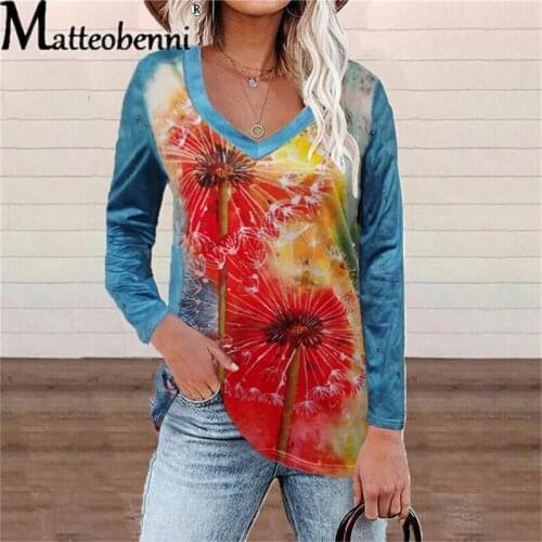 Ladies V Neck Long Sleeve T Shirt Women Dandelion Print Casual T-Shirt 2021 New Spring Fashion Loose Streetwear Tops Plus Size