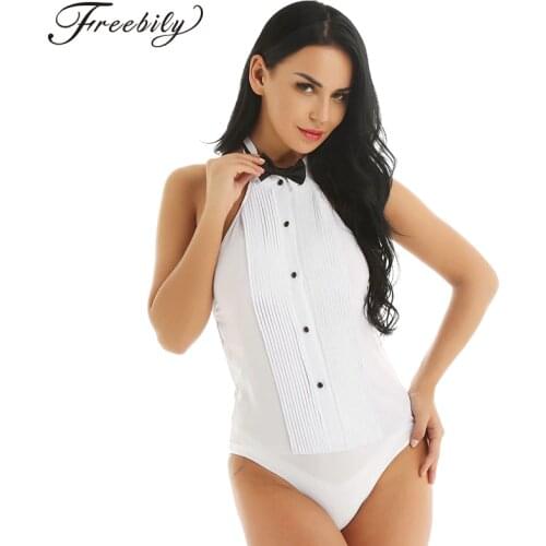 Elegant Bodysuits Women Office Lady White Body Shirt Sleeveless Wing Tip Collar Backless Tuxedo Shirt Bodysuit with Bow Tie