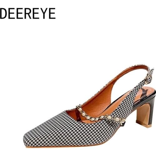 2021 Korean Lattice White Pearls Chunky Low Heeled Single Sandals Gold Chain Ankle Strap Slingback Buckle Office Daily Shoes