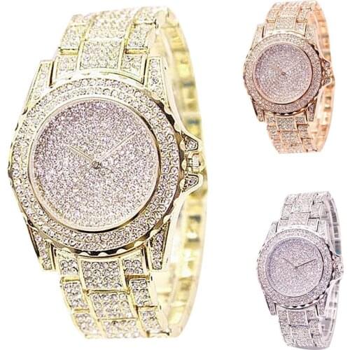 Women Luxury Full Shiny Rhinestone Round Quartz Movement Wrist Watch Bracelet