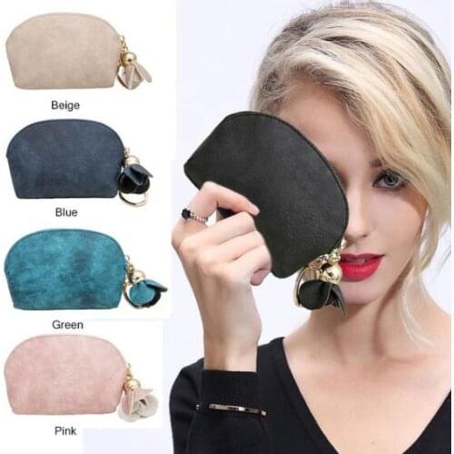 Ladies PU Leather Mini Wallet Card Key Holder Zip Coin Purse Floral Pendant Clutch Bag Small Handbag Key Storage Bag