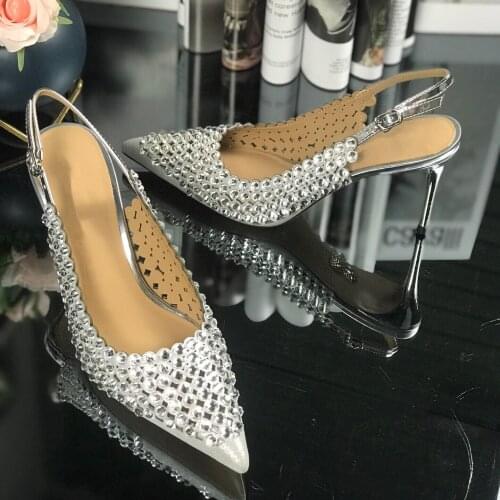 2021 Newest Summer Shoes Woman Party Shoes Pointed-Toes Thin Heels Woman Sandals BlingBling Crystal Decora Sandals Bota Feminina
