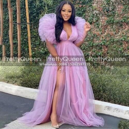 Sexy Women High Split Prom Dresses With Puff Sleeves Long Puffy A Line Lavender Tulle Deep V Neck Celebrity Dress Party Formal