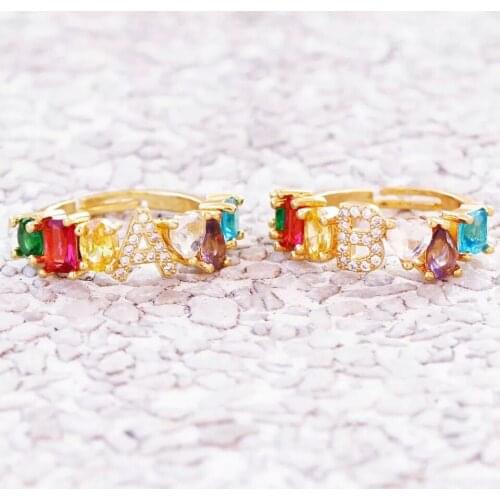 New Gold Color Letter Ring For Women Trendy A-Z Initials Rainbow CZ Cubic Zircon Adjustable Copper Rings For Femme Jewelry Gift
