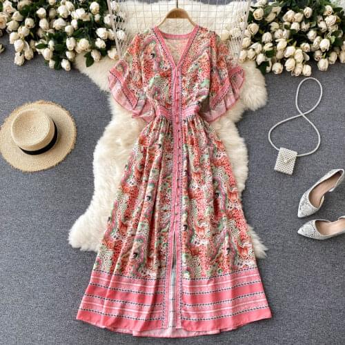 Europe Style Luxury Design 2021 Summer Elegant Women V Neck Short Sleeve Vintage Print Party Dress Fashion Ladies Dresses