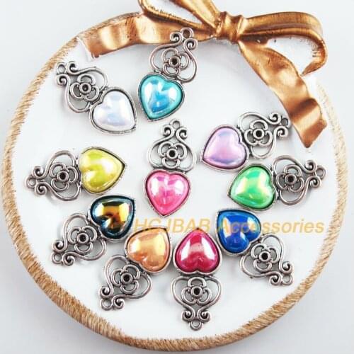 10Pcs Tibetan Silver Tone Retro Flower Heart Mixed Acrylic Charms Pendants 14x28.5mm